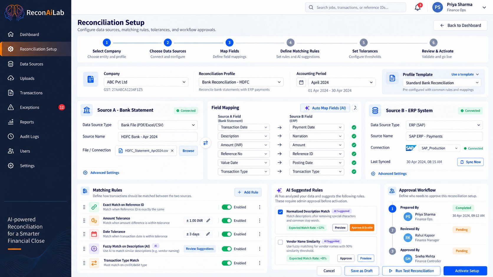 Reconciliation Setup — Illustrative screen — sample data, not a live product screenshot.